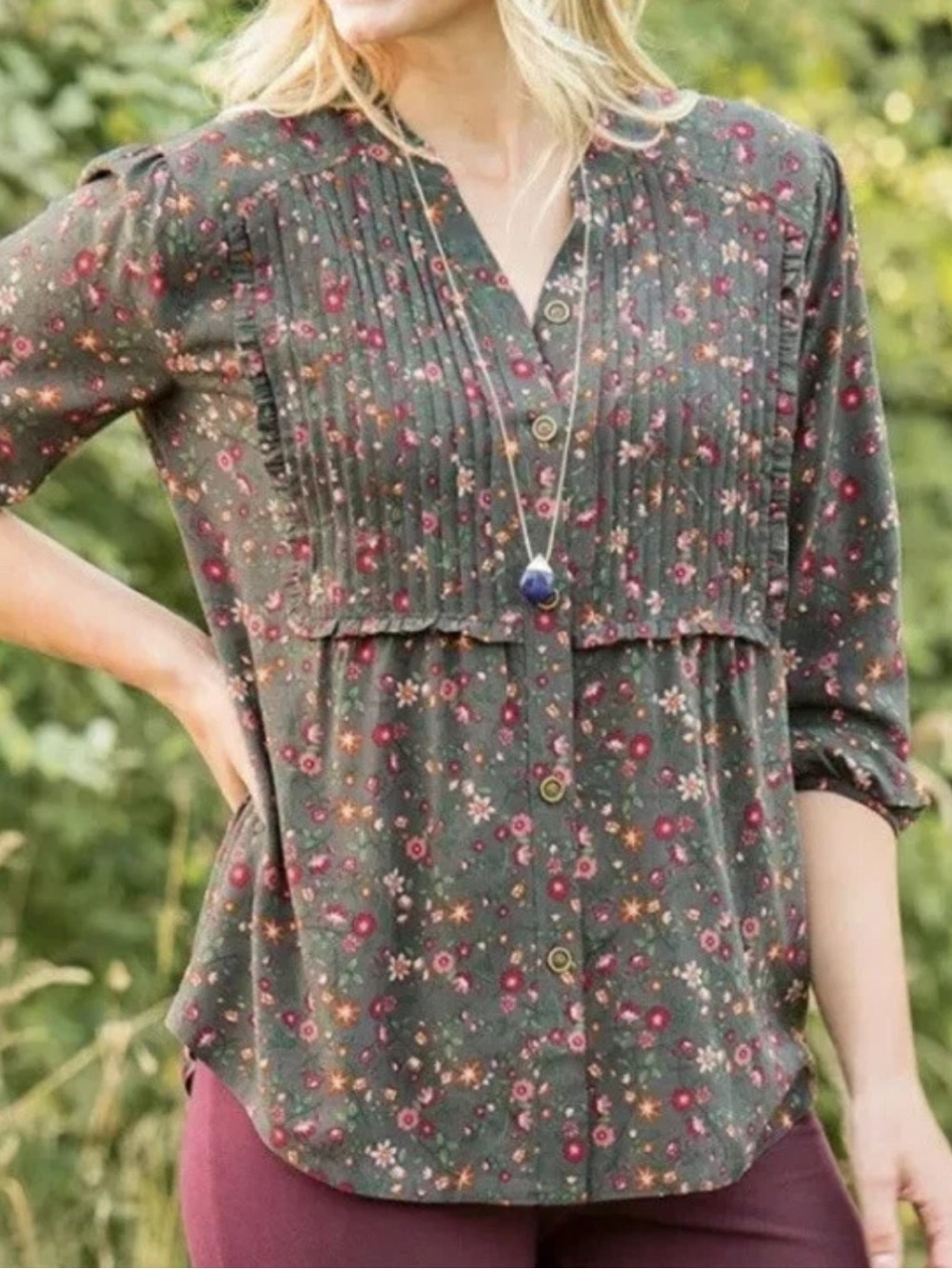 Matilda Jane Women's Afternoon Stroll Floral Pintuck Button-Front Top XS Peasant